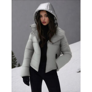 NWT Kenneth Cole Womens Puffer Jacket Hooded Size XS Silver Gorpcore Outdoor Ski